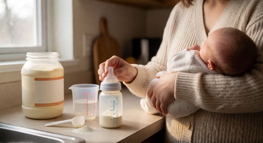 Madre preparando un biberón de fórmula infantil para su recién nacido en la cocina