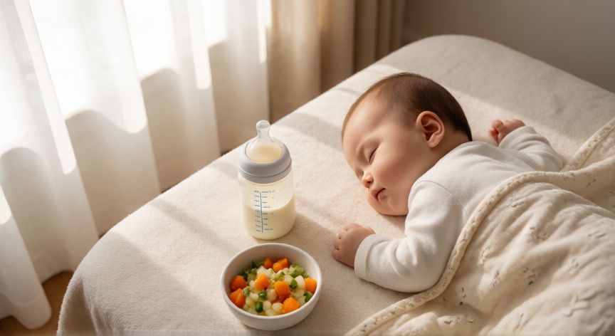 que formula se recomienda para un recien nacido, Bebé durmiendo junto a un biberón y papilla complementaria en una habitación infantil luminosa