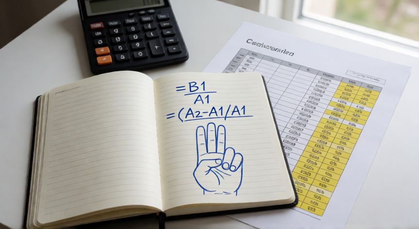 que formula se usa en excel para sacar porcentaje, Bloc con fórmulas de porcentaje de Excel escritas a mano junto a una calculadora
