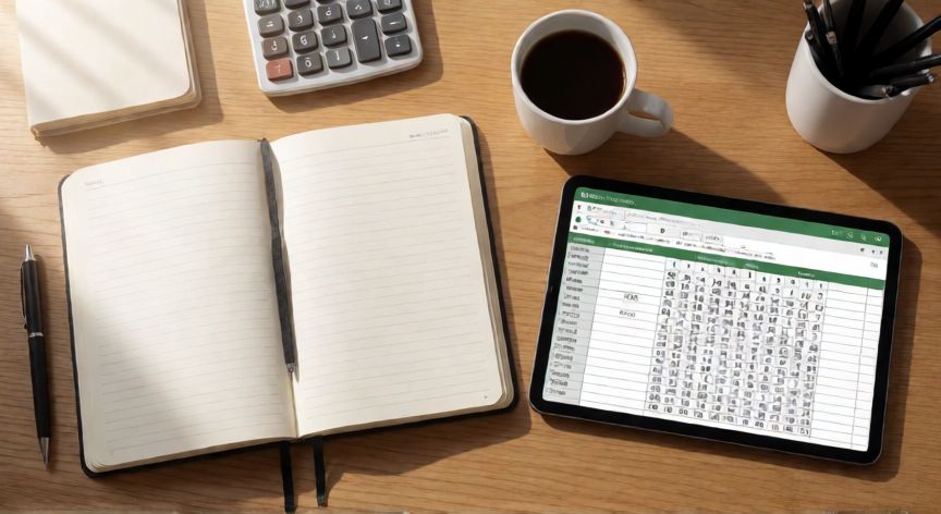 que formula se usa para multiplicar en excel, Cuaderno y tablet con tabla de multiplicación en Excel sobre escritorio de madera