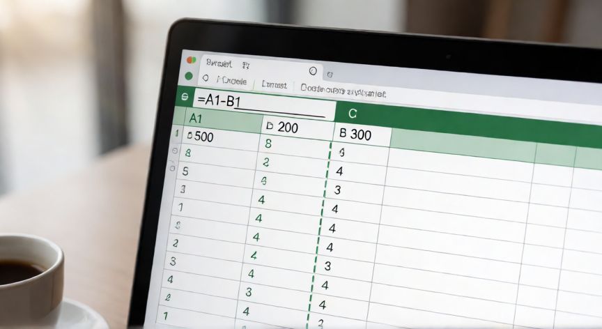que formula se usa para restar en excel, Pantalla de Excel mostrando la fórmula =A1-B1 para restar dos celdas