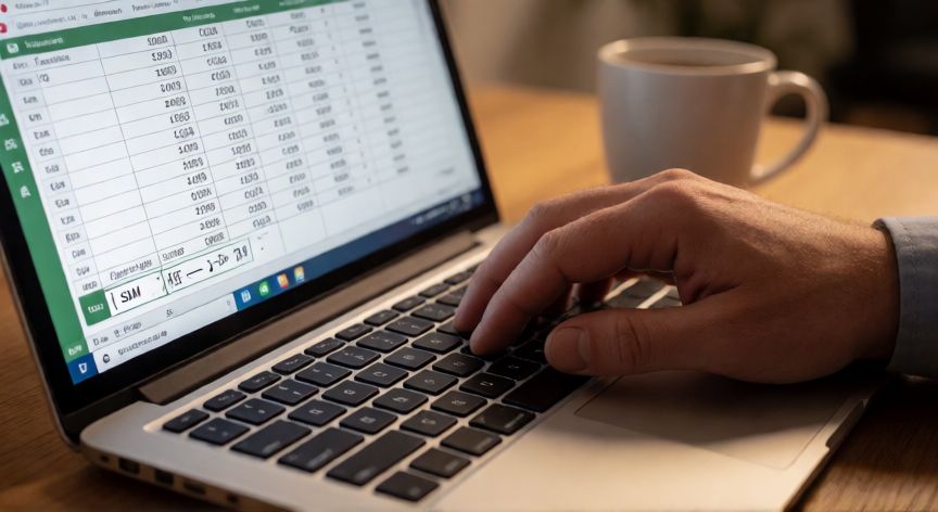 que formula se usa para sumar en excel, Manos tecleando la fórmula SUMA en una hoja de Excel