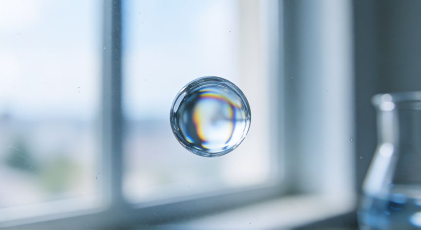 Gota de agua sobre una superficie de cristal mostrando refracción interna