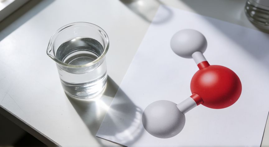 que formula tiene el agua, Vaso de precipitados con agua junto a un modelo molecular de H2O sobre una mesa de laboratorio