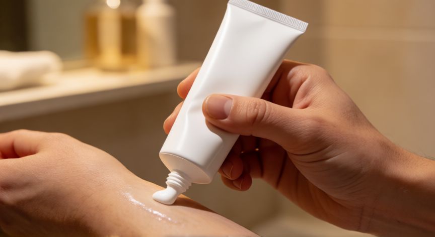 que formula tiene el flanax, Aplicación tópica de crema analgésica sobre la piel del antebrazo