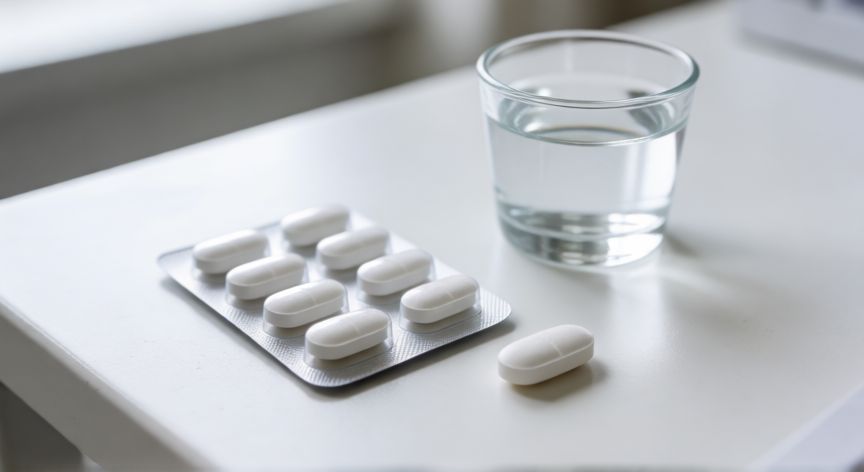 qué fórmula tiene el neurobión, Tableta de Neurobion junto a su blíster sobre superficie blanca