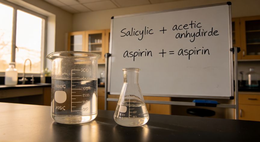 que formula tiene la aspirina, Laboratorio de química con la síntesis de aspirina desde ácido salicílico y anhídrido acético