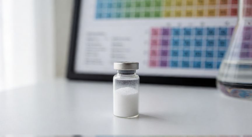 Matrón de cristal con polvo blanco de urea en un banco de laboratorio