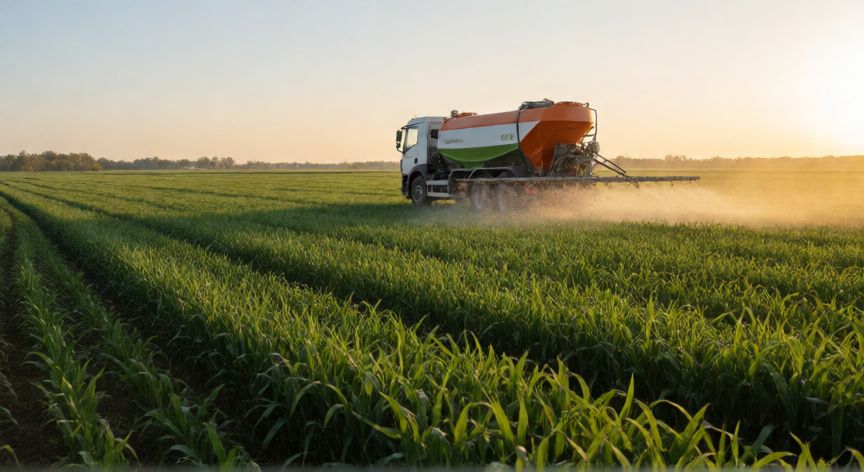 que formula tiene la urea, Camión esparcidor aplicando gránulos de urea como fertilizante en un campo de cultivo al atardecer