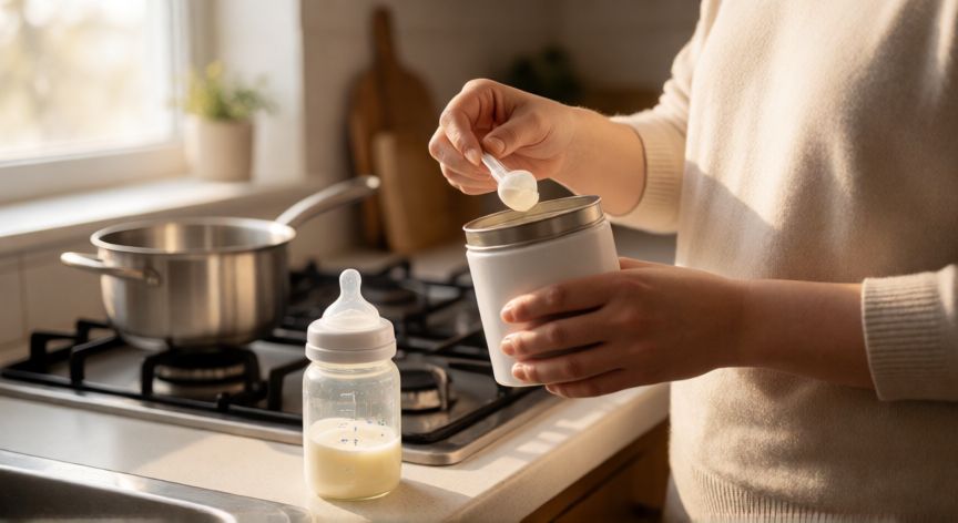 Madre preparando un biberón de fórmula láctea para su recién nacido en la cocina