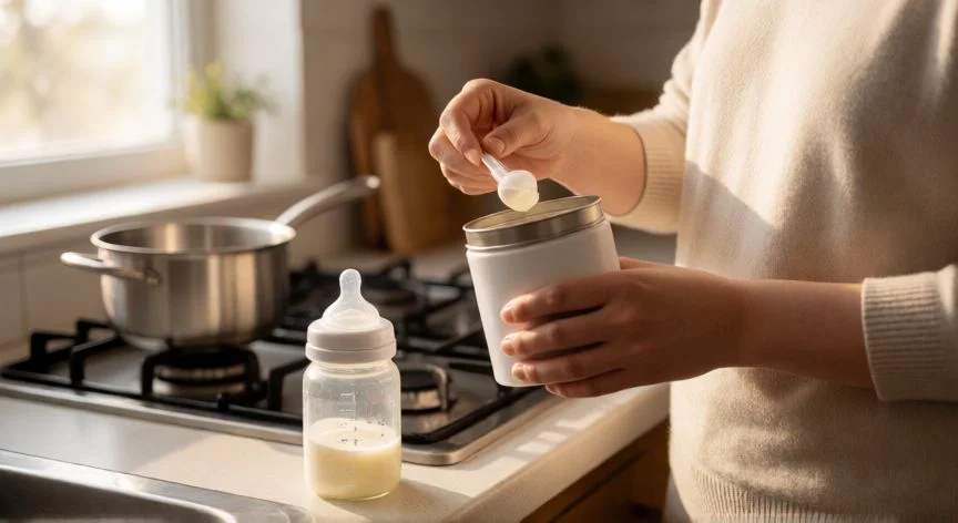 Madre preparando un biberón de fórmula láctea para su recién nacido en la cocina
