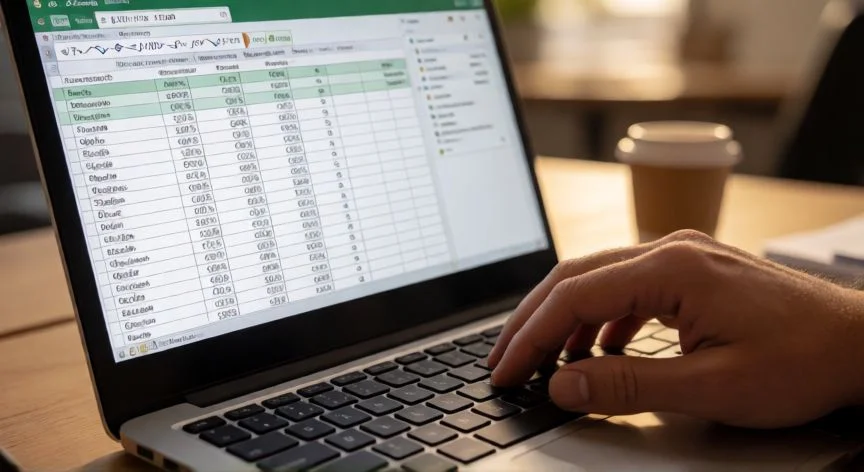 Manos tecleando una fórmula de porcentaje en una hoja de cálculo de Excel