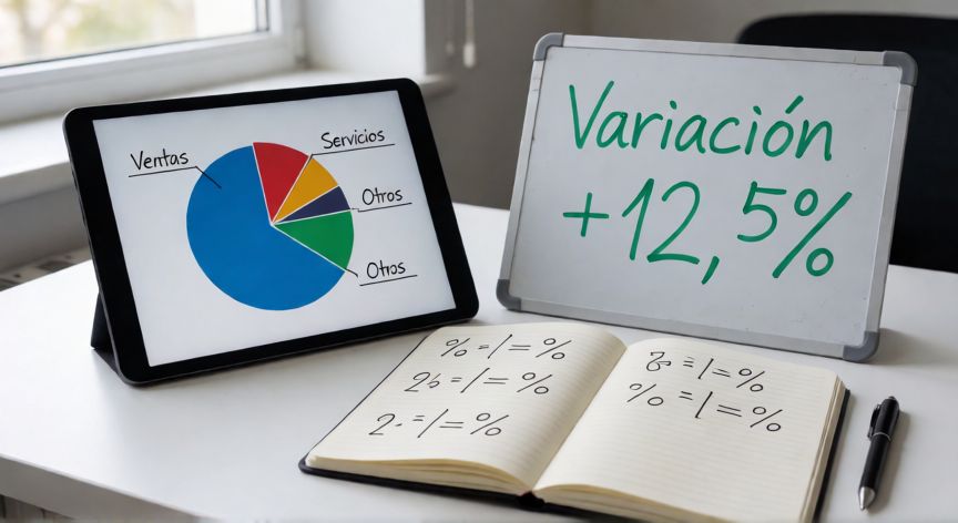 que formula usar en excel para sacar porcentaje, Cuaderno con fórmulas de porcentaje y gráfico circular en una tablet sobre un escritorio