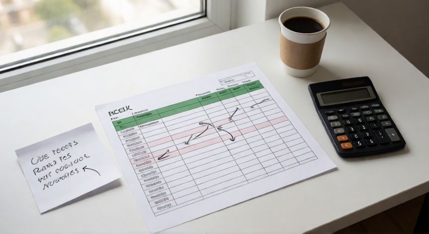 que formula usar para buscar datos en excel, Vista cenital de una hoja de cálculo impresa en Excel con tabla de datos y notas manuscritas de referencia