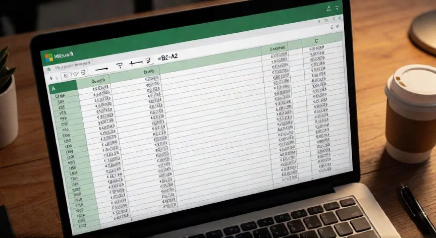 Hoja de cálculo de Excel mostrando la fórmula de resta de fechas =B2-A2 con columnas de fechas y resultados en días