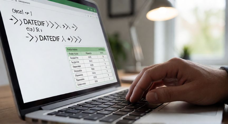 que formula usar para restar fechas en excel, Persona escribiendo la función DATEDIF en Excel para calcular la diferencia entre fechas en años, meses y días