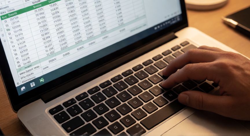que formula usar para sumar en excel, Manos escribiendo una fórmula de suma en Excel con columnas de datos numéricos visibles en pantalla