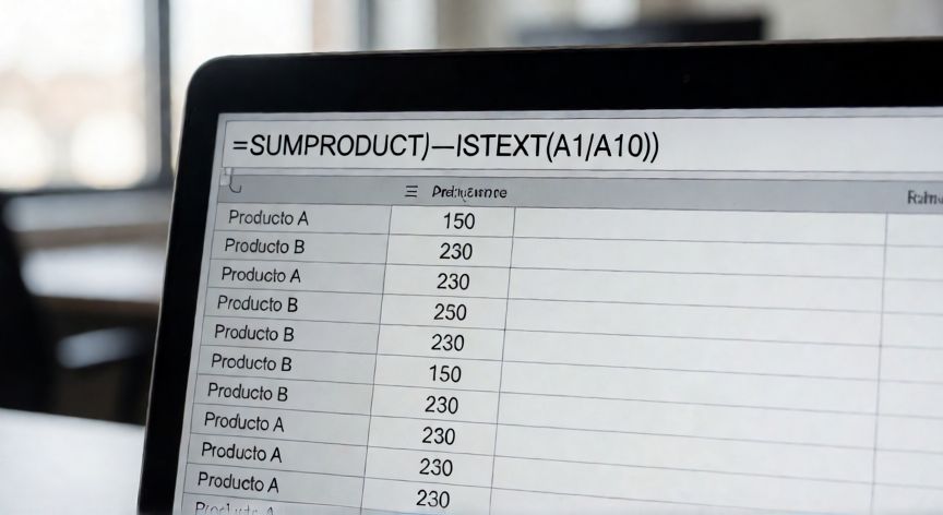 que formula uso para contar celdas con texto, Hoja de cálculo mostrando fórmula SUMPRODUCT con ISTEXT para contar celdas de texto