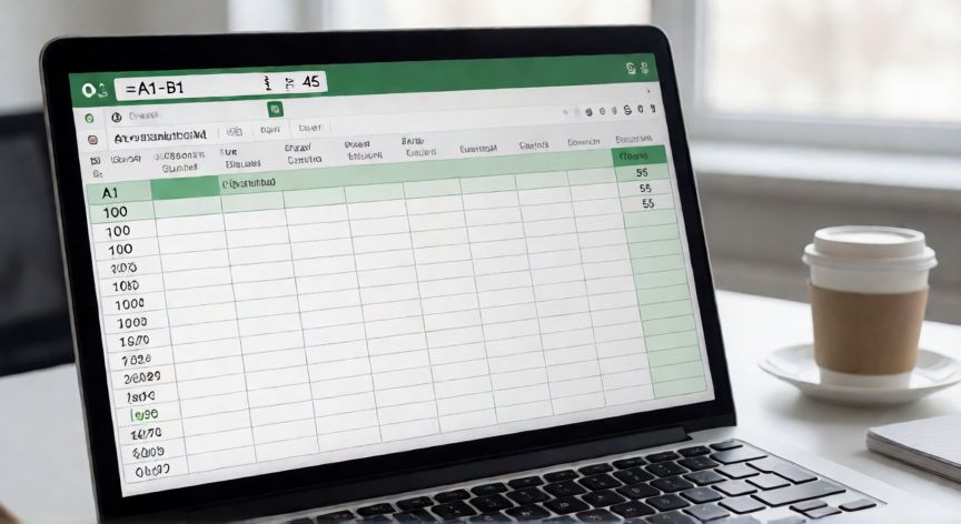 que formula uso para restar en excel, Pantalla de Excel mostrando la fórmula de resta =A1-B1 con resultado 55