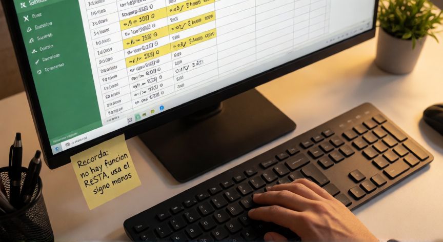 que formula uso para restar en excel, Personas escribiendo fórmulas de resta en una hoja de cálculo de Excel con nota recordando usar el signo menos