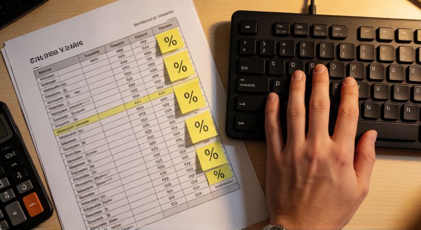 que formula uso para sacar porcentaje en excel, Manos calculando porcentajes en Excel con apuntes impresos al lado