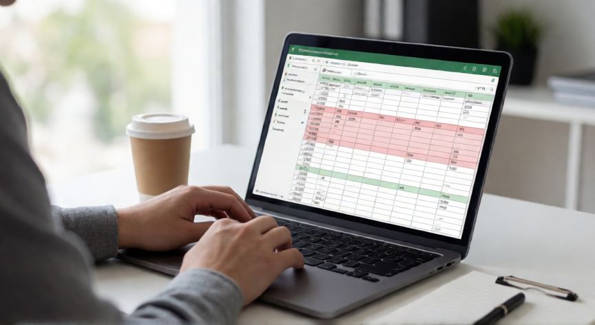 que formula utilizar en excel para buscar datos repetidos, Persona trabajando en Excel identificando celdas con datos duplicados resaltadas en rojo