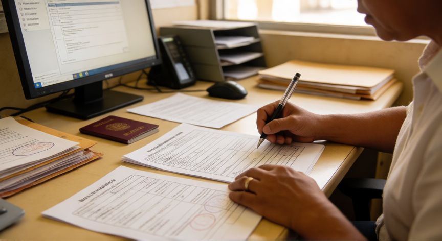 que formulario debo llenar para la regularizacion masiva, Persona rellenando un formulario de regularización migratoria en una oficina de extranjería