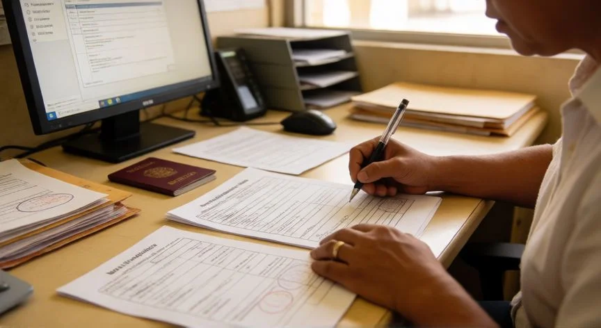 Persona rellenando un formulario de regularización migratoria en una oficina de extranjería
