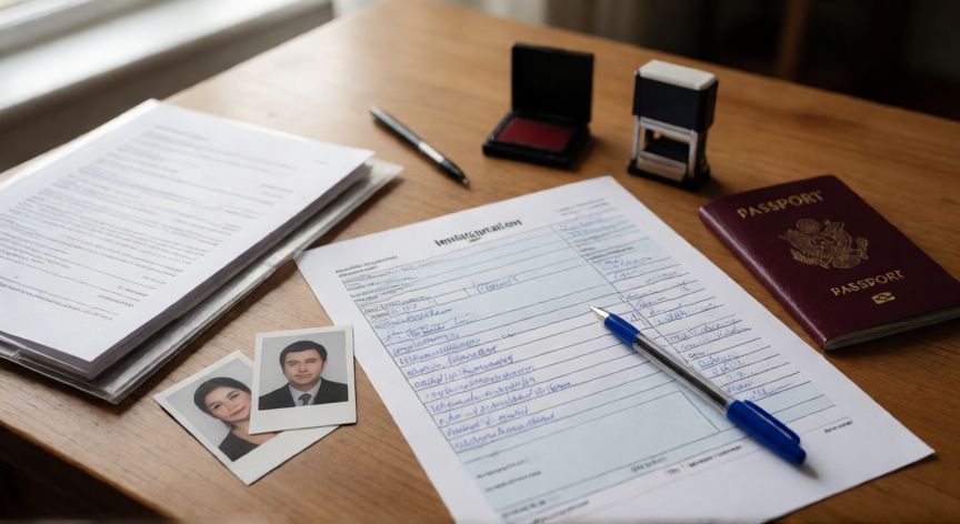 que formulario debo llenar para la regularizacion masiva, Documentos y formulario de regularización migratoria con pasaporte y fotografías sobre una mesa
