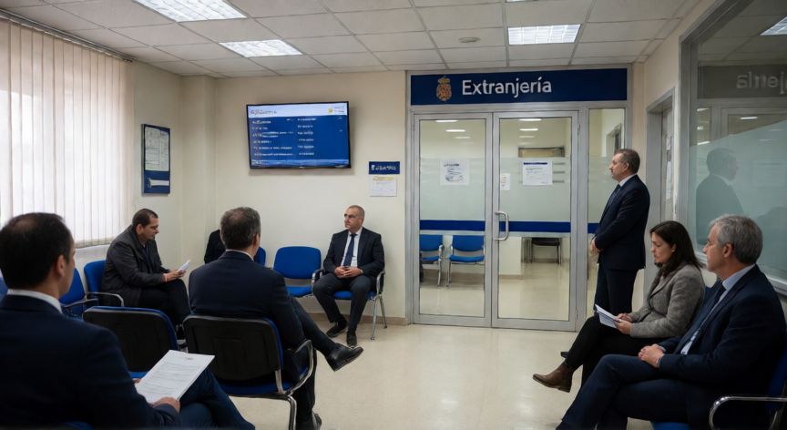 que formulario necesito para renovar el nie, Sala de espera de la comisaría de Extranjería con personas a la espera de su cita previa