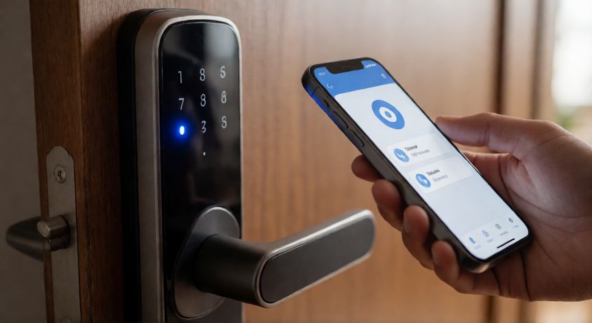 Cerradura inteligente de madera con luz LED azul activa conectándose vía BLE a un smartphone.