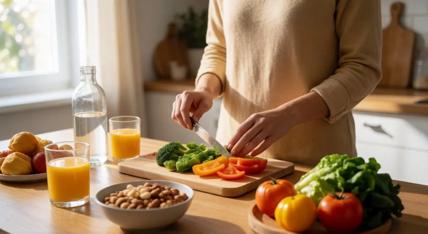 Persona preparando un desayuno saludable con frutas, verduras, frutos secos y agua.
