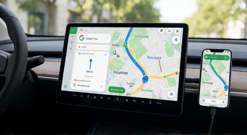 que hace android auto, Pantalla de coche con interfaz de Android Auto y navegación GPS