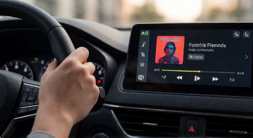 que hace android auto, Conductor usando música a través de Android Auto en el coche