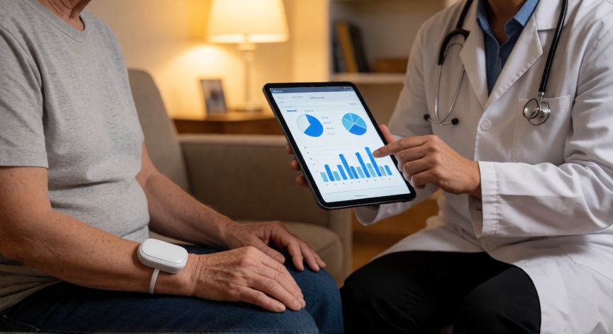 que hace tecnologia medica, paciente con dispositivo portable y profesional revisando datos de salud en tableta