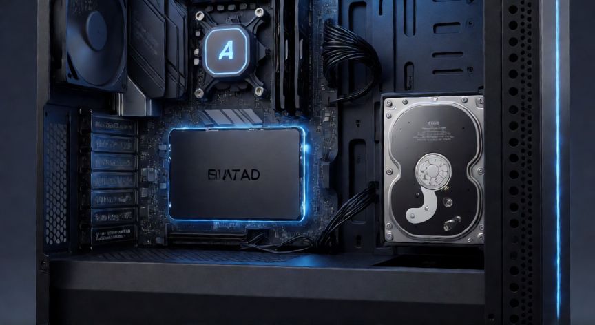 que hacer ordenador lento, Vista interna de un ordenador mostrando disco SSD y memoria RAM instalados