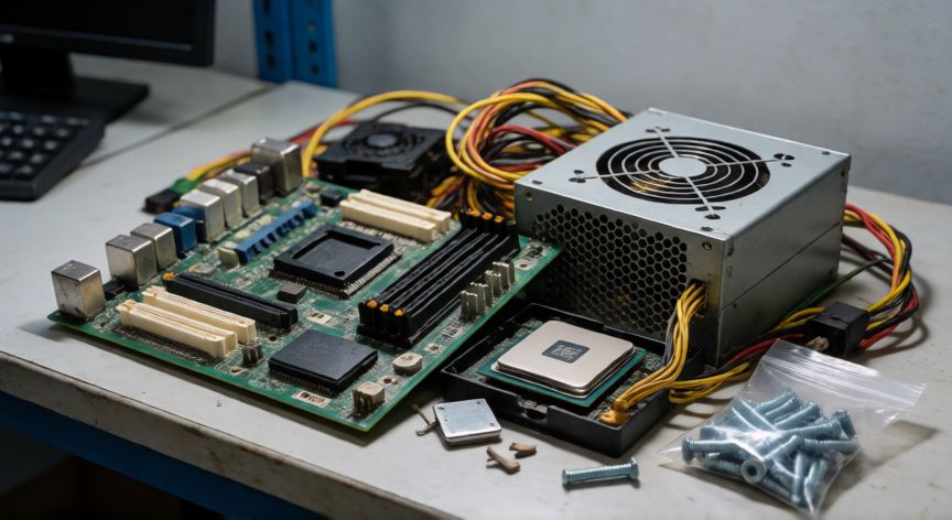 que hacer ordenador viejo, Componentes de ordenador antiguos listos para el reciclaje electrónico