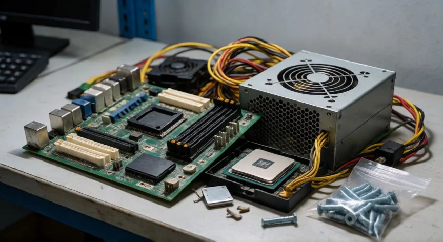 que hacer ordenador viejo, Componentes de ordenador antiguos listos para el reciclaje electrónico