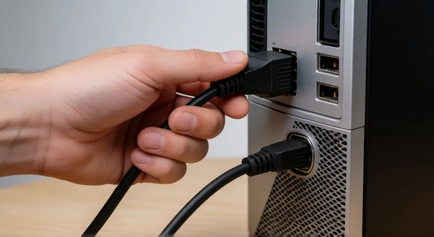 que hacer si mi ordenador no enciende, Manos comprobando cable de alimentación e interruptor trasero de una torre de PC