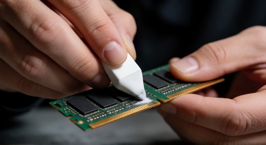 que hacer si mi ordenador no enciende, Limpiando los contactos de una barra de memoria RAM con una goma