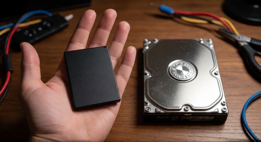 que hacer si mi ordenador va muy lento, Comparación entre una unidad SSD y un disco duro HDD tradicional sobre un escritorio
