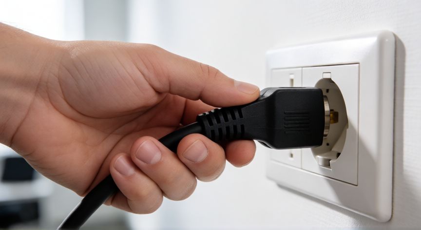 que hacer si tu ordenador no enciende, Conexión correcta del cable de alimentación de un ordenador en el enchufe de la pared