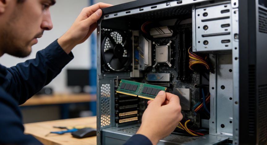 que hacer si tu ordenador no enciende, Técnico revisando los componentes internos y la memoria RAM de un ordenador de sobremesa