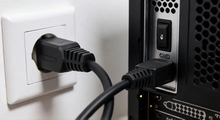 Interior de un PC de sobremesa abierto con la mano señalando el conector de alimentación de 24 pines en la placa base
