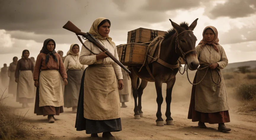 que hicieron las adelitas en la revolución mexicana, Adelitas cargando munición y armas en un camino del norte de México durante la Revolución