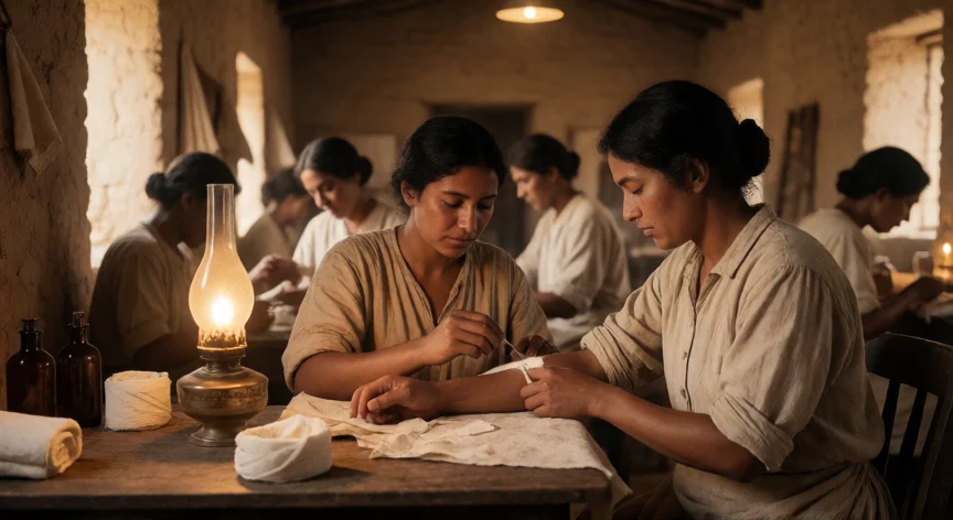 que hicieron las adelitas en la revolución mexicana, Adelita brindando primeros auxilios en un hospital de campaña durante la Revolución Mexicana