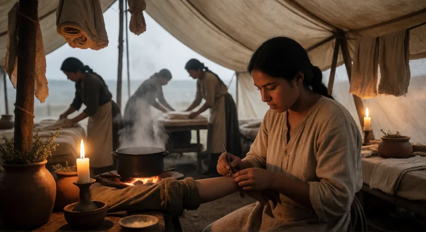 que hicieron las mujeres en la revolución mexicana, Mujer soldadera atendiendo heridas de un soldado en un hospital de campaña durante la Revolución Mexicana