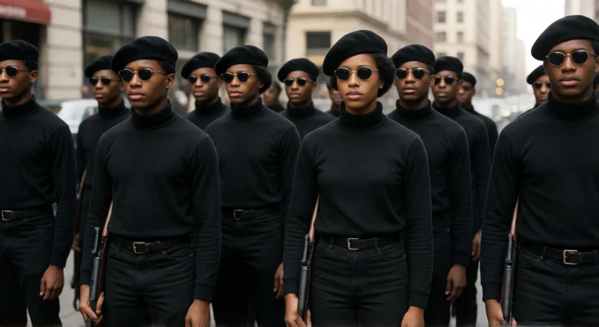Miembros de las Panteras Negras en formación con uniformes negros en los años 60