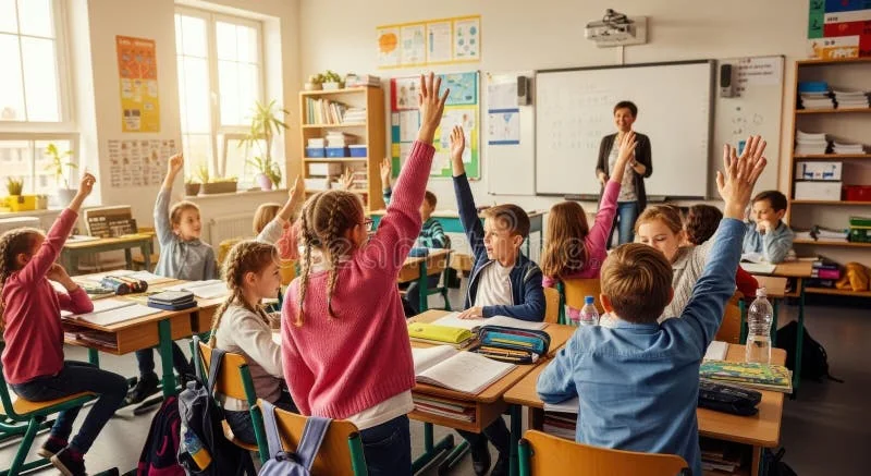 que hicieron leccion 8 rosana y hector, Aula con la profesora junto a una pizarra y varios alumnos levantando la mano para responder a las preguntas del ejercicio de conjugación.