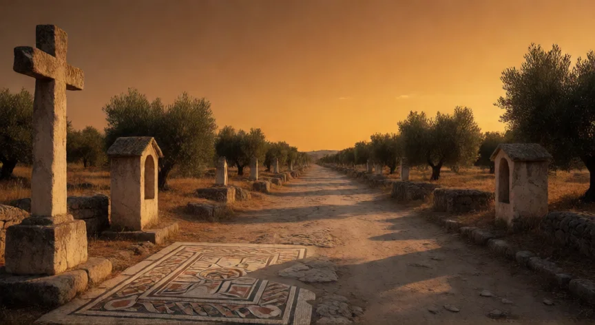 que hicieron los 12 apóstoles, Camino romano al atardecer con una cruz de piedra y mosaico, evocando los viajes misioneros apostólicos